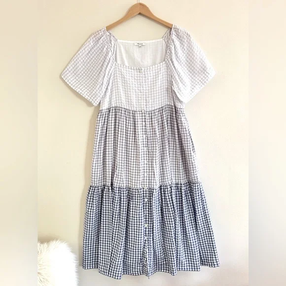 Madewell Patchwork Gingham Button-Front Tiered Midi Dress Size M - Picture 3 of 12